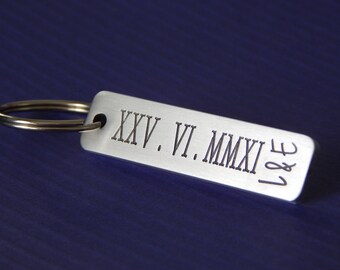 Roman Numerals and Initials Keychain, Engraved Aluminum, Customized Keychain, Anniversary Keychain, Birthday Keychain, Gift for Him or Her