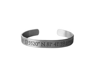 Engraved Coordinates Bracelet - Custom GPS Location Aluminum Cuff