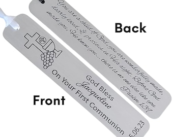 Personalized First Communion Bookmark: Engraved Aluminum, Scripture Gift