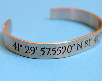 Coordinates Bracelet Engraved Coordinates Custom GPS Bracelet Engraved Cuff Graduation Engagement Girlfriend Mother Sister Friend Gift