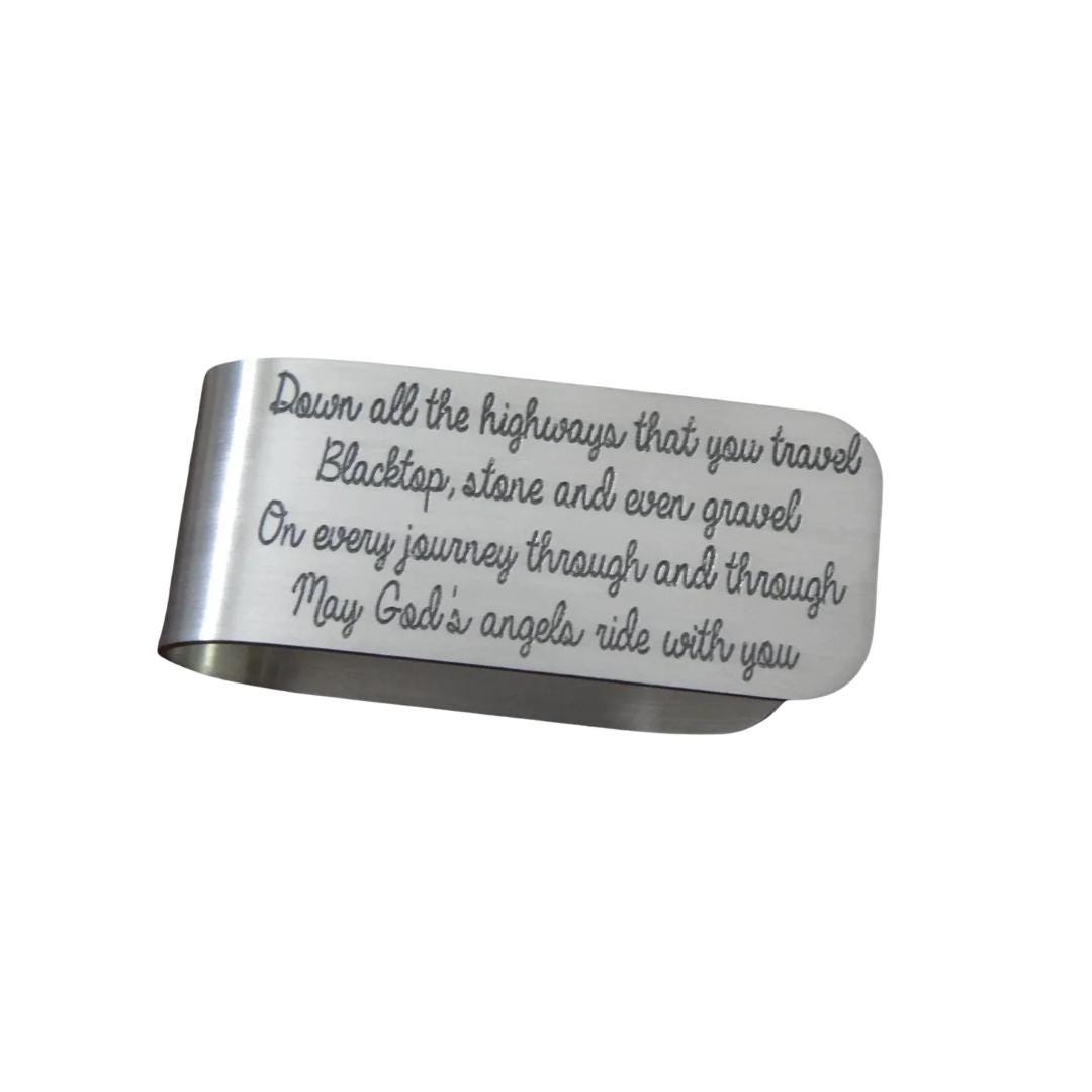 Engraved Aluminum Safe Travels Visor Clip: Car Journey Gift