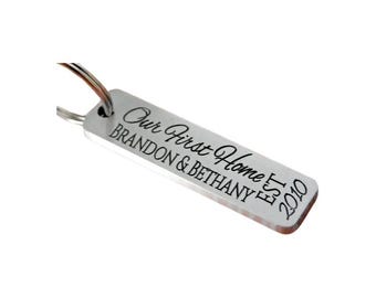 Engraved Aluminum Our First Home Keychain, Personalized Housewarming Gift