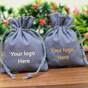 100 personalized drawstring gray cotton fabric pouches, jewelry gift pouches, coin pouch, custom logo pouch,  jewelry pouch