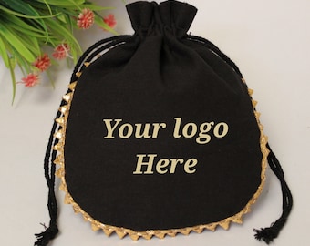 Set of 100 Black Cotton Drawstring Bags: Custom Logo, Jewelry Pouch