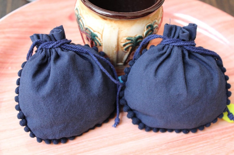 custom party handbag jewelry gift bags 100 custom cotton NAVY BLUE round pompom pouches