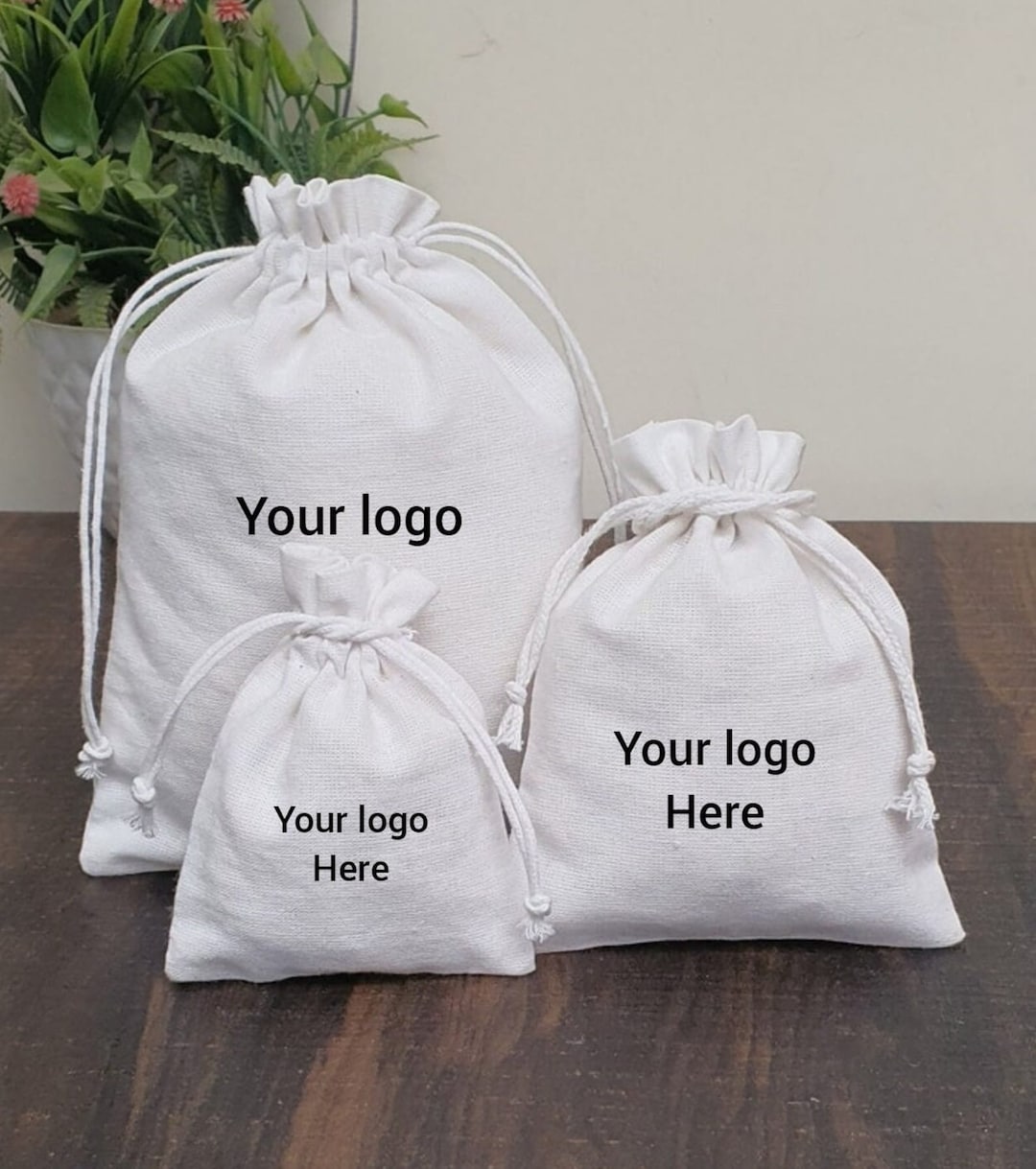 100 White Cotton Drawstring Bags, Small Cotton Bags, Custom Logo Bags