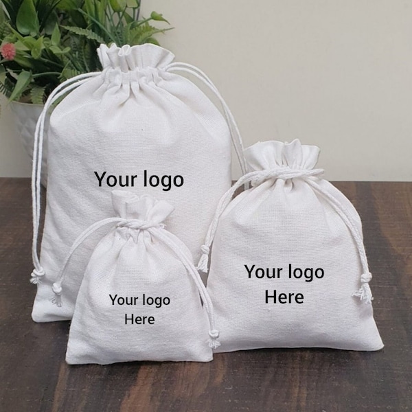 100 white cotton drawstring bags, small cotton bags, custom logo bags, Cotton pouches, favor bags, jewelry bags