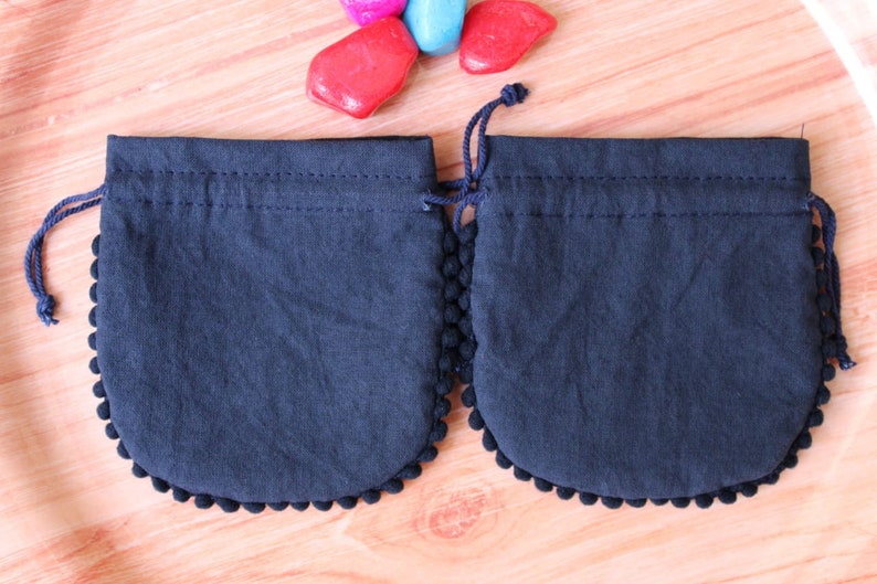 custom party handbag jewelry gift bags 100 custom cotton NAVY BLUE round pompom pouches