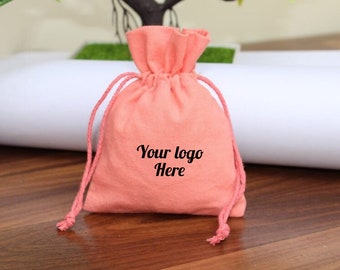 Set of 100 Personalized Peach Cotton Drawstring Pouches: Jewelry Gift Bags
