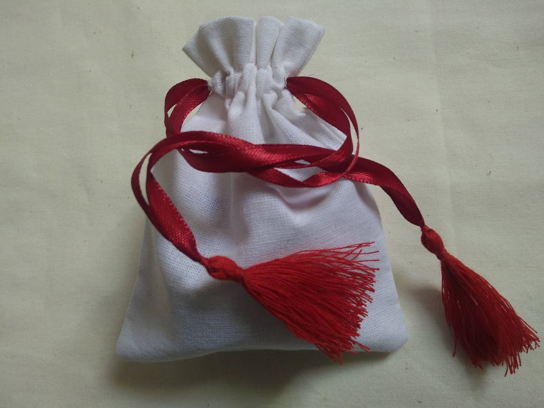 100 White Drawstring Cotton Pouch Red Satan Ribbon With Red Tassel ...