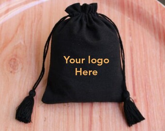 100 Custom Black Cotton Drawstring Jewelry Pouches with Tassel