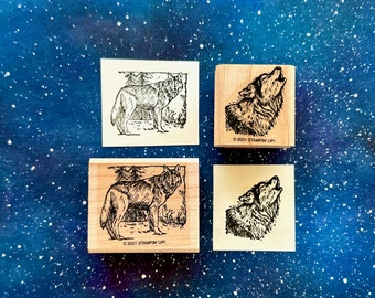 Set of 2 Vintage Animal Theme Rubber Stamps Wolf in the Mountains & Howling Wolf Image Stamp Made by Stampin Up