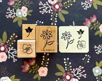 Set of 3 Vintage Floral Design Rubber Stamps Flower Image Stamp Made by Stampin Up & Graphic Rubber Stamp Co.