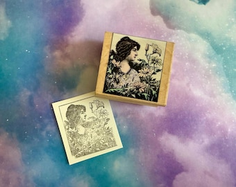 Vintage Victorian Style Rubber Stamp Woman in Flowers Image