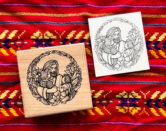 Vintage Easter / Religious / Christian Themed Rubber Stamp Jesus With Children Image Floral Design Flowers & Leaves Wreath Outline