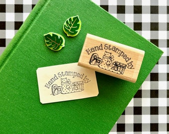 Hand Stamped By Quote Saying Vintage Rubber Stamp Patchwork Style Heart, Cat, Present Design Image