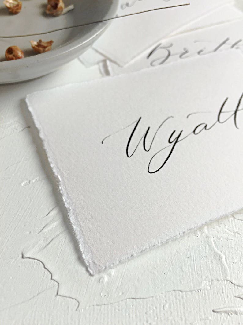 Calligraphy Place Cards // Hand Written Custom // Raw Edges // Deckled Edges // Wedding and Events image 3