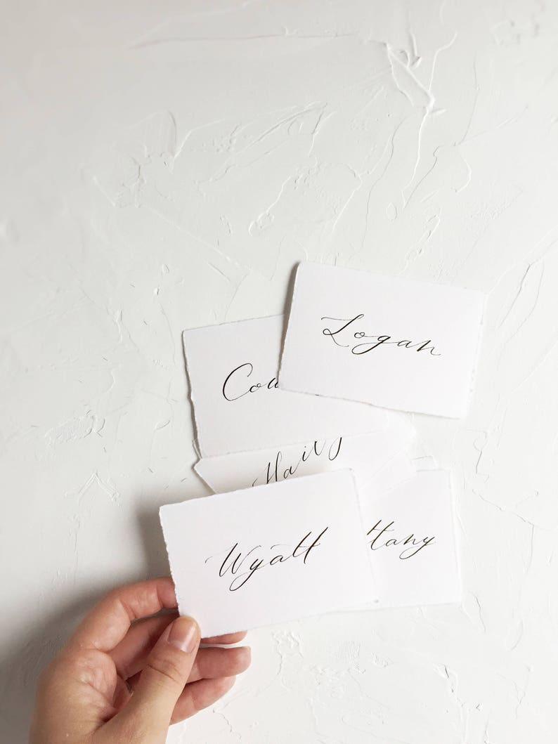Calligraphy Place Cards // Hand Written Custom // Raw Edges // Deckled Edges // Wedding and Events image 1