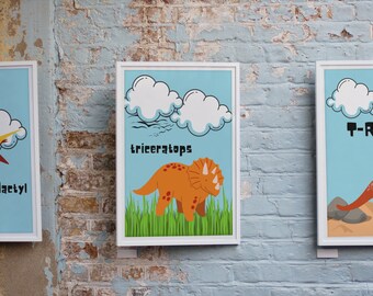 Dinosaur Wall Art, Art mural pour enfants, Ensemble de 4 Digital Download Wall Art