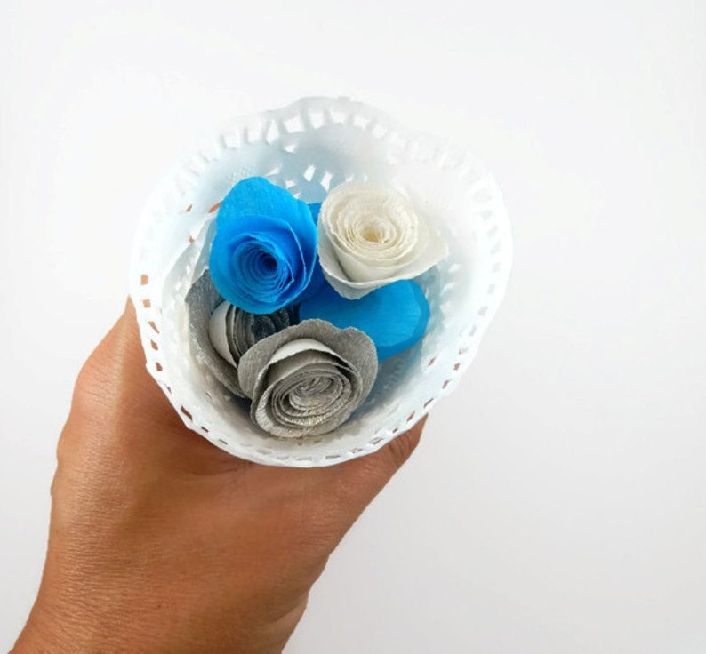 Blue White and silver paper roses 10 Paper Flowers flower confetti