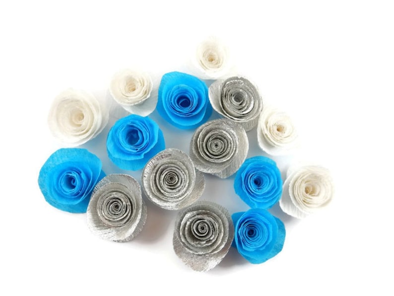 Blue White and silver paper roses 10 Paper Flowers flower confetti