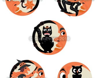 Set of 5 Instant Download Hi-Res 1900s-1920s Halloween Round Artworks Decoration/Scrapbooking, Witch, Jack-O-Lantern, Cat, Owl, Bat PDFs