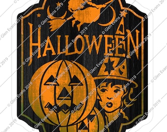 Instant Download 8-1/2&quot;x11&quot; Antique Halloween Plaquard Jack-O-Lanterns, Witch, and Little Girl for Decoration Art/Scrapbooking PDF and Jpeg