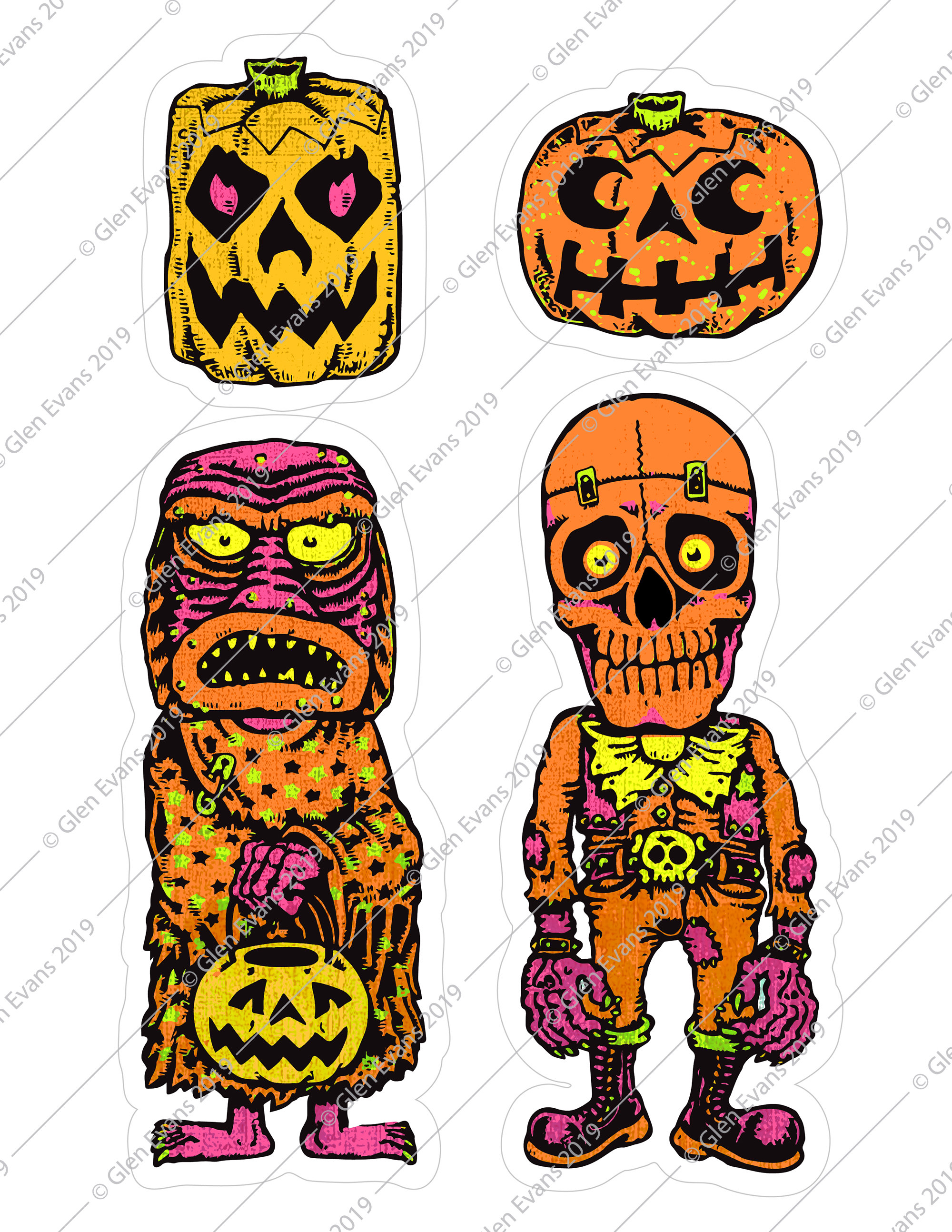 Instant Download Whacky Way Out Nutty Mad Hi-Res 8.5"x11" Sheet of Four Halloween Characters for Decoration/Scrapbooking PDF and Jpeg