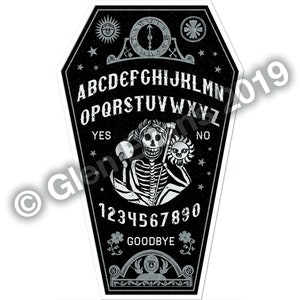 Instant Download High-Res Black Coffin-Shaped Spirit Board with New England Funerary Symbols (Talking Board, Ouija Board) PDF