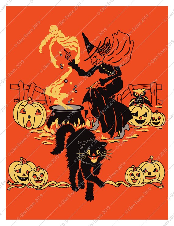 Instant Download Versions Antique Halloween Art Jack-O-Lanterns, Witch,  Black Cat for Decoration Art/Scrapbooking PDF and Jpeg
