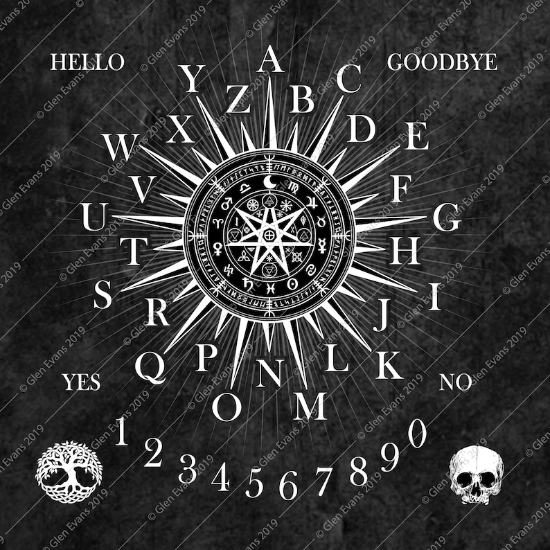 May include: A black and white ouija board with a starburst design in the center. The board includes letters, numbers, and the words "hello", "goodbye", "yes", and "no".