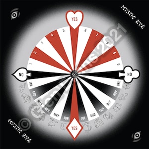 May include: A black and white wheel with red and white stripes. The wheel is divided into 12 sections, each labeled with a month of the year. The wheel also has a heart labeled "YES" and a clover labeled "NO".