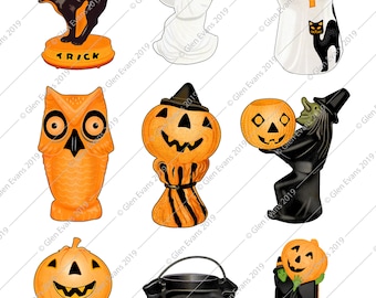 Instant Download Cute Hi-Res 8.5&quot;x11&quot; Vintage Set of Nine (9) Blow Molded Light-Up Halloween Decorations/Scrapbooking PDF and Jpeg