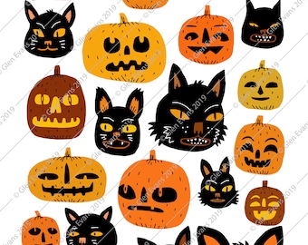 Instant Download Cute 8.5&quot;x11&quot; Sheet of Vintage Halloween Jack-O-Lanterns and Black Cats Decoration Art/Scrapbooking PDF and Jpeg