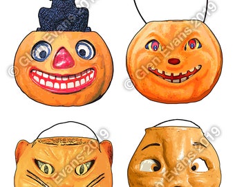 Instant Download Cute 8.5&quot;x11&quot; Antique Paper-Mâché Halloween Jack-O-Lanterns Decoration Art/Scrapbooking PDF Format