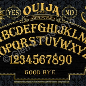 May include: A black and gold Ouija board with a planchette, a skull, a sun, and a crescent moon. The board features the alphabet, numbers 1-9 and 0, and the words "YES", "NO", and "GOOD BYE".