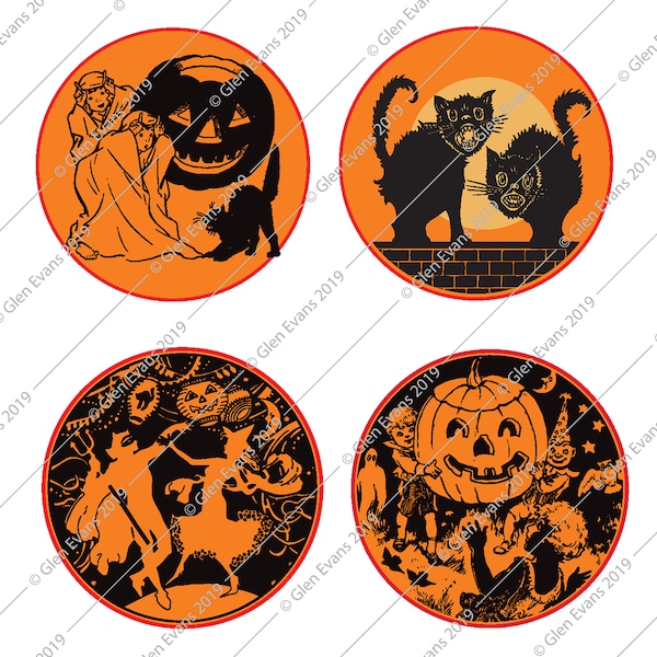Instant Download 4 Separate Hi-Res Vintage Round Black and Orange Halloween Tableaus Decoration Art/Scrapbooking PDFs