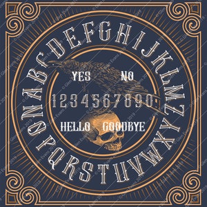 Colorful Instant Download Spirit Board with Fancy Lettering and Raven Standing on Skull Graphic (Talking Board, Ouija Board) PDF