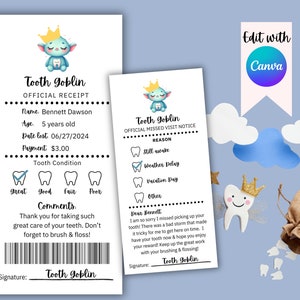 Ricevuta del folletto dei denti – Nota personalizzabile per la perdita del dente stampabile – Download immediato – Alternativa alla fatina dei denti – Nota di scuse modificabile