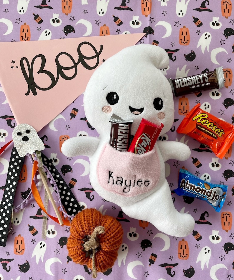 Custom Ghost stuffie, personalized ghost toy, boo basket, kids halloween, halloween gift, halloween plush, ghost plush, stuffed ghost toy image 1