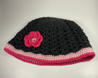 Handmade Black and Pink Crochet Shell Hat with Flower