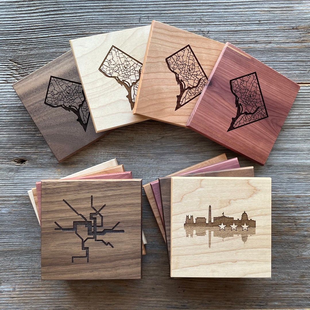 Engraved Washington DC Coasters Skyline, Metro & Neighborhood Map Etsy