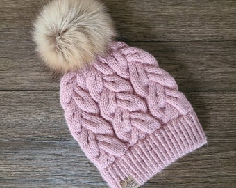 Braided cable hat, braided cable beanie, faux fur pom pom hat, Full Moon Beanie, ski hat, knit hat, pink knit hat