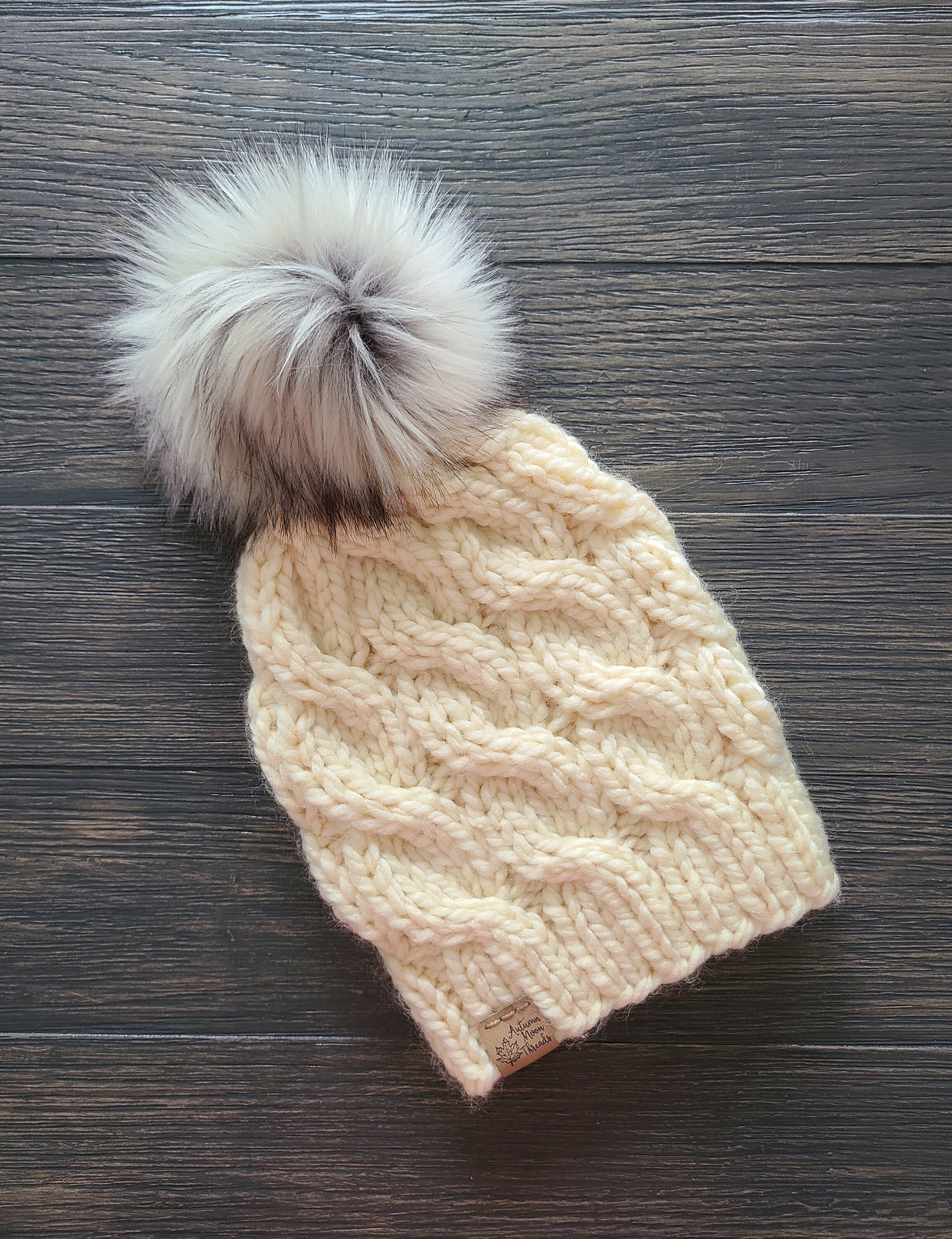 Handmade Knit Hat Faux Fur Pom Pom Womens Hat Teen Removable Fur Pom Knit  Beanie Double Knit Adjustable Brim Fold Over Brim 