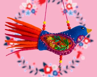 Felt bird blue,folk art embroidery,perfect handmade gift,boho style decor,whimsical folk art,embroidered on felt,unique wall decoration