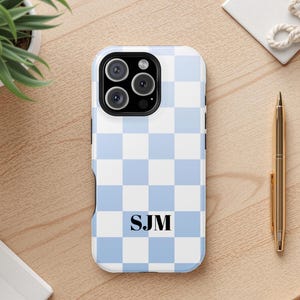 Custom Initial iPhone MagSafe Case Monogram Checker Print Phone Cover Personalized Gift Blue Ombre Monogram iPhone 16 15 14 13 12 11 Pro Max