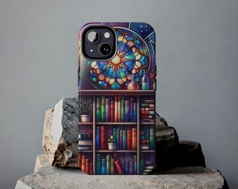 Étui pour téléphone robuste amateur de livres fantastiques, bibliothèque fantastique, housse de téléphone livresques, cadeau romantique, étui pour iPhone et Samsung, vitrail aquarelle