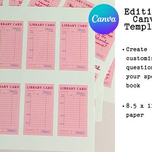 May include: Pink library card templates with the text "LIBRARY CARD" and the date "051211". The Canva logo is visible. The template is designed for 8.5 x 11 inch paper and allows for customized questions.