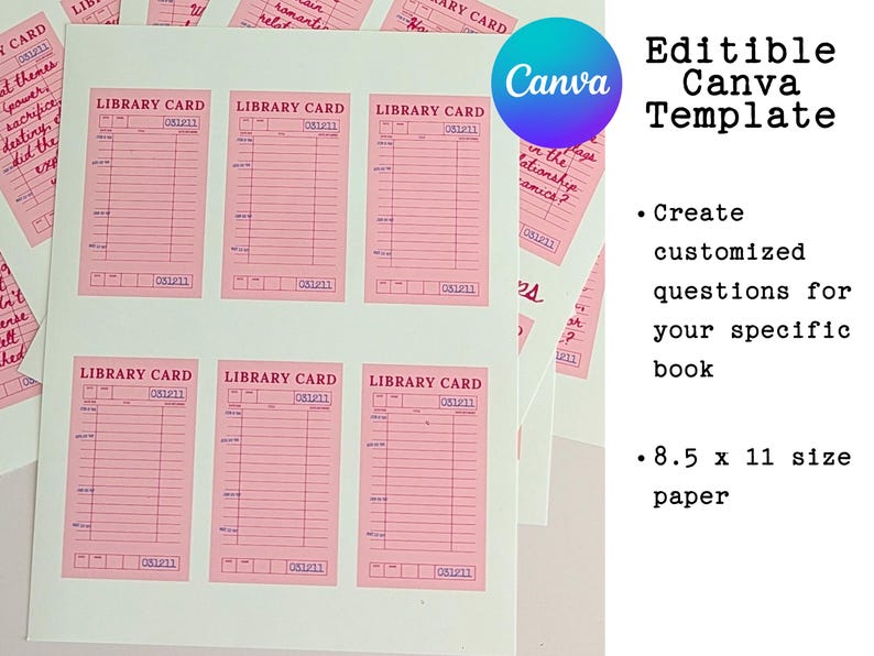 May include: Pink library card templates with the text "LIBRARY CARD" and the date "051211". The Canva logo is visible. The template is designed for 8.5 x 11 inch paper and allows for customized questions.