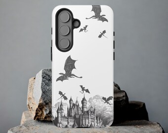 Fantasy Book Lover Tough Phone Case, Castle Dragon Design, Bookish Phone Cover Romantasy Distressed Design Case for Samsung & Google Phones